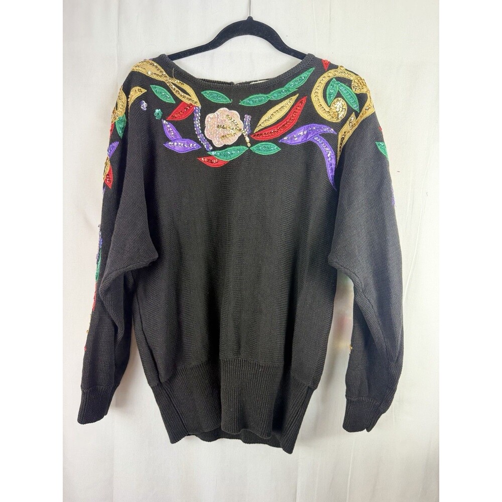 Vintage Victoria Harbour Medium Black Knit Sweater Floral Sequin Design